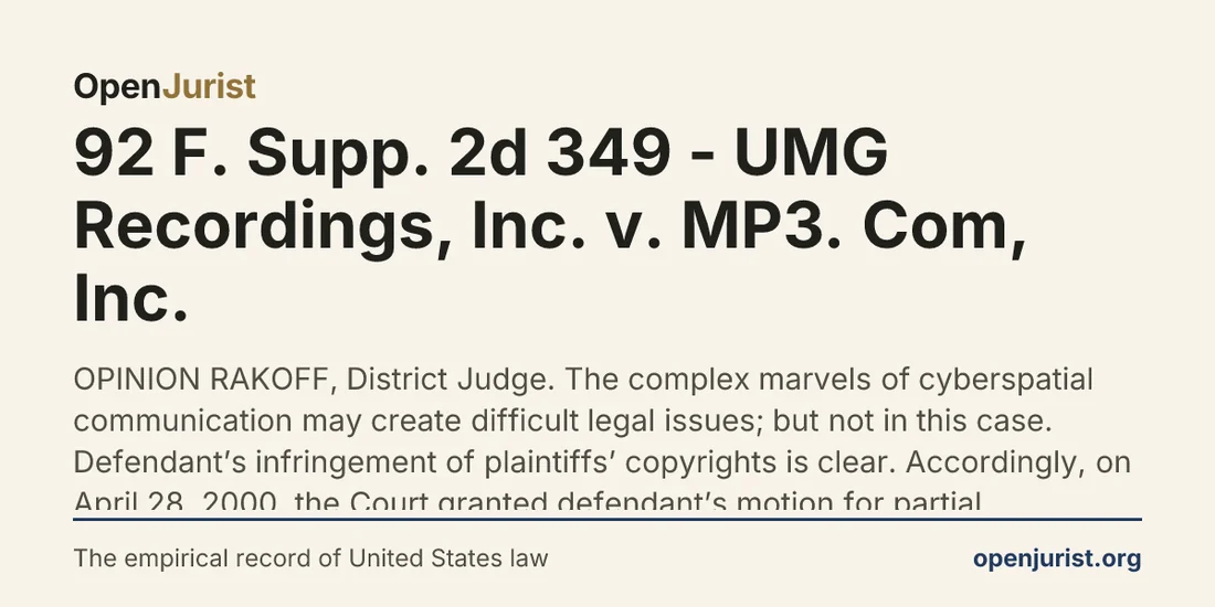 Visual published with the cited source for this record: A 2000 ruling found MP3.com's copying of CDs was not fair use